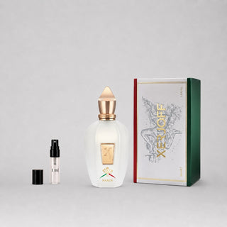 Xerjoff Naxos Sample Spray featuring a white bottle with a gold cap, alongside a small spray vial and decorative box.