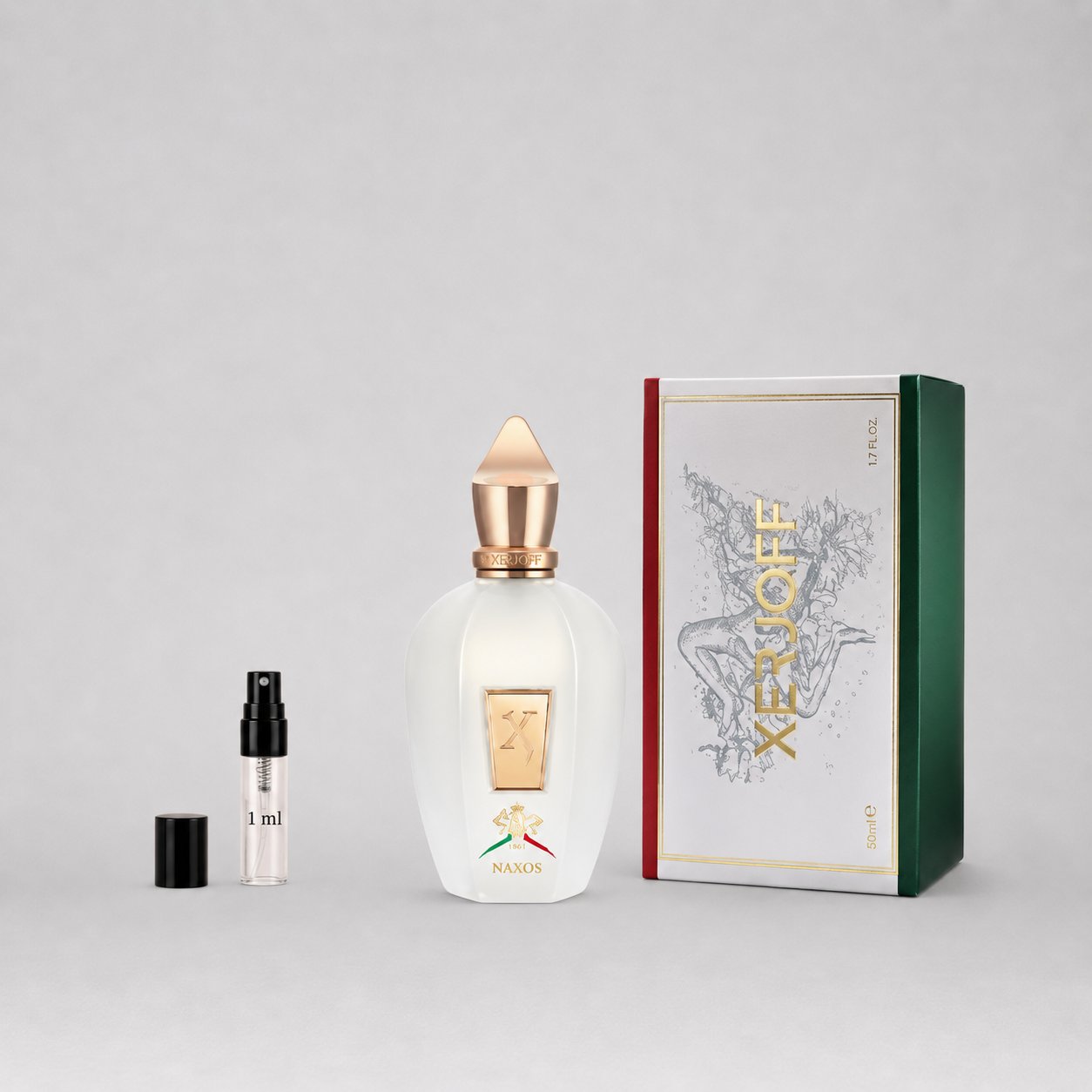 Xerjoff Naxos Sample Spray featuring a white bottle with a gold cap, alongside a small spray vial and decorative box.