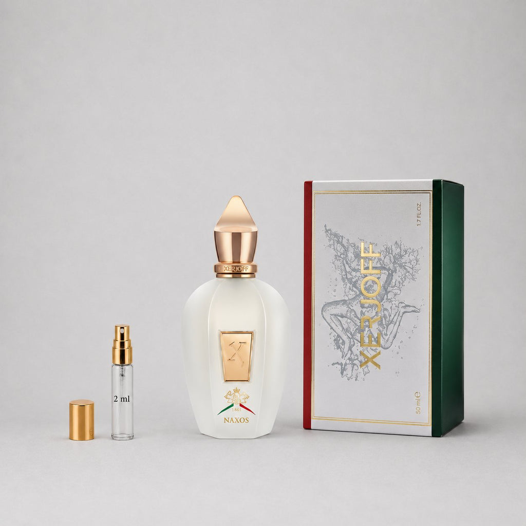 Xerjoff Naxos Sample Spray featuring a white bottle with a gold cap and a green and red box, 2 ml size included.
