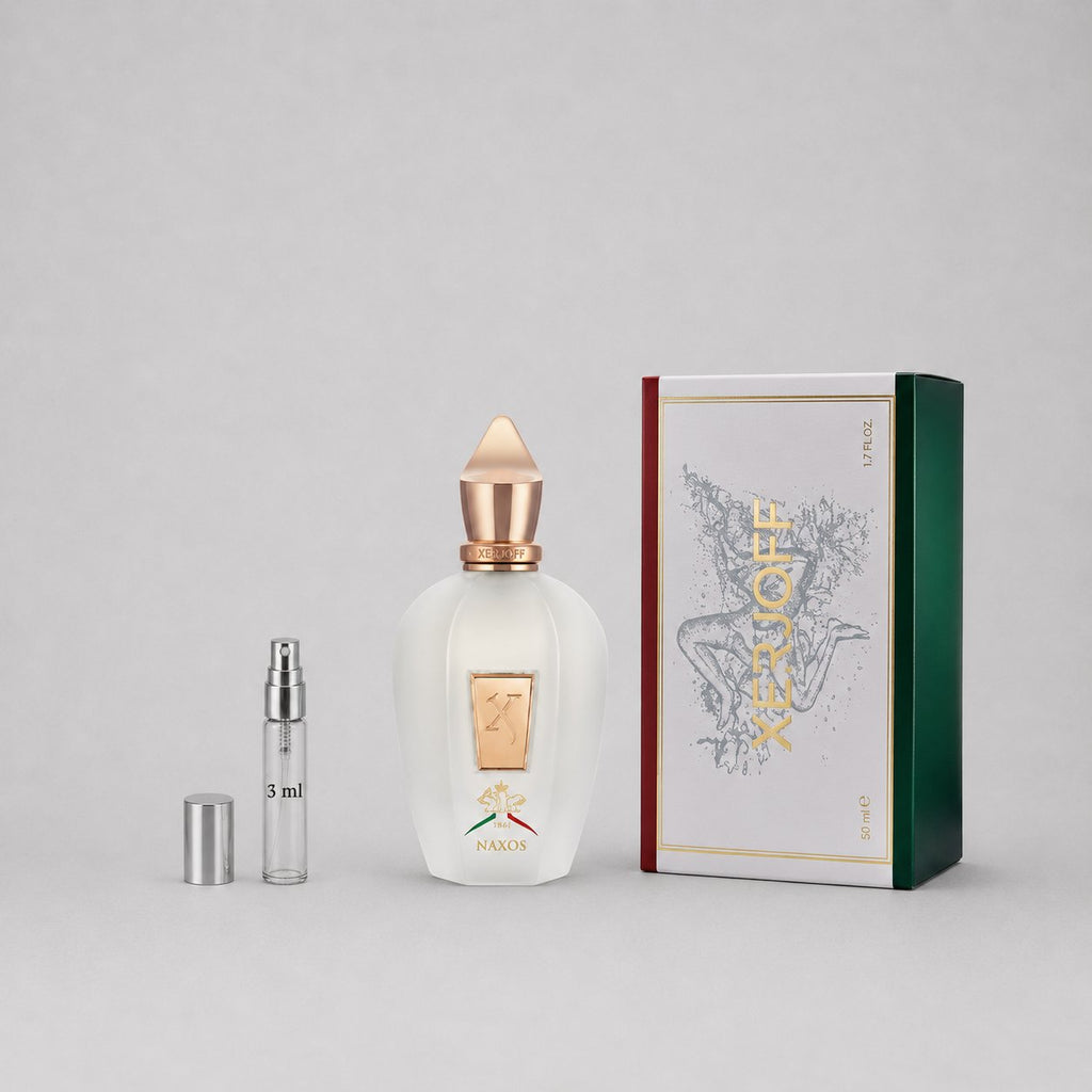 Xerjoff Naxos Sample Spray, 3 ml vial beside a decorative box featuring elegant design and branding.