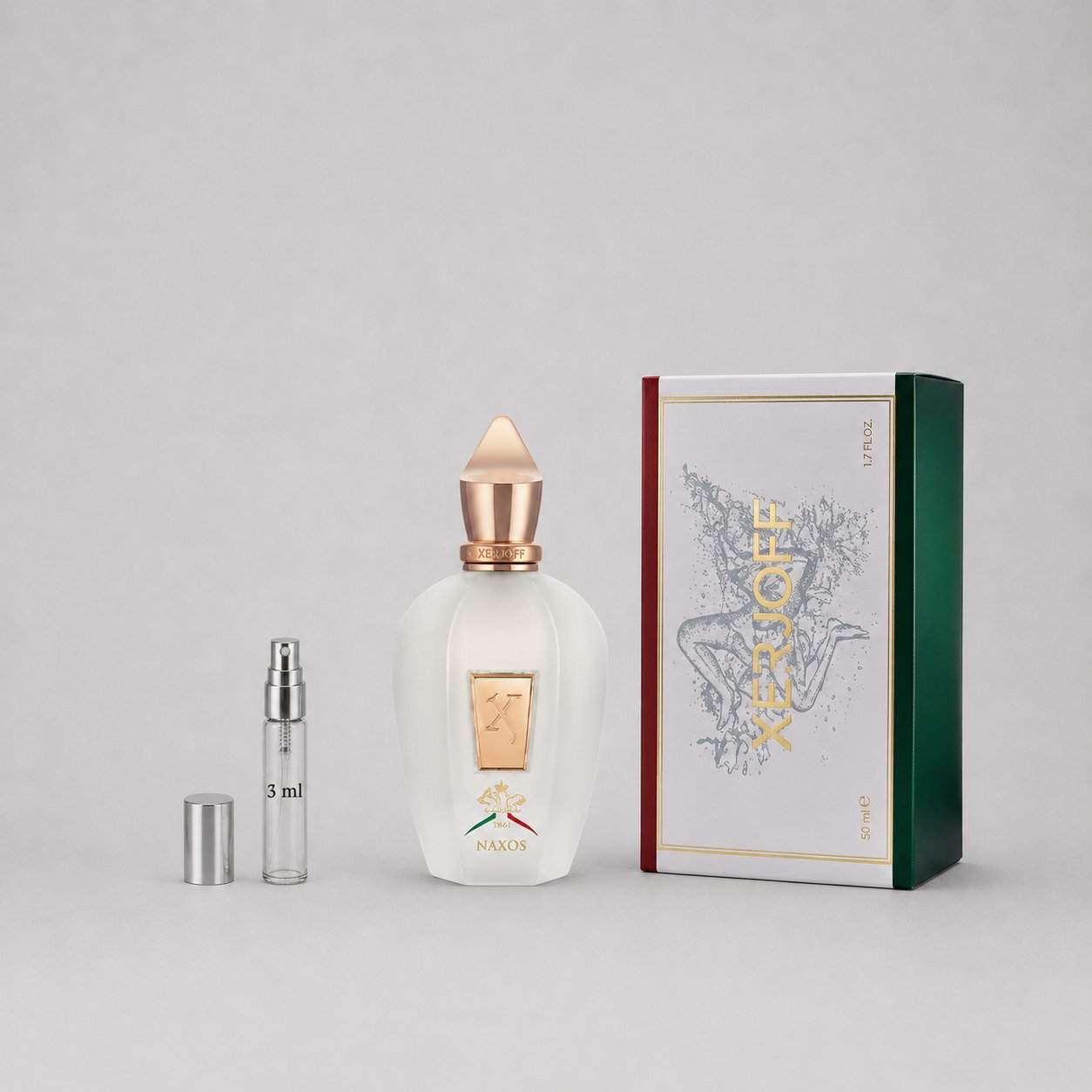 Xerjoff Naxos Sample Spray, 3 ml vial beside a decorative box featuring elegant design and branding.