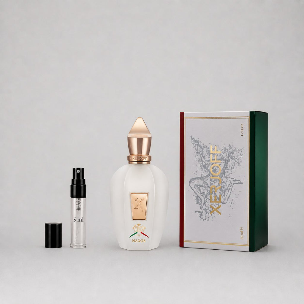 Xerjoff Naxos Sample Spray featuring a white bottle with a gold cap and a green and red box, alongside a 5 ml spray vial.