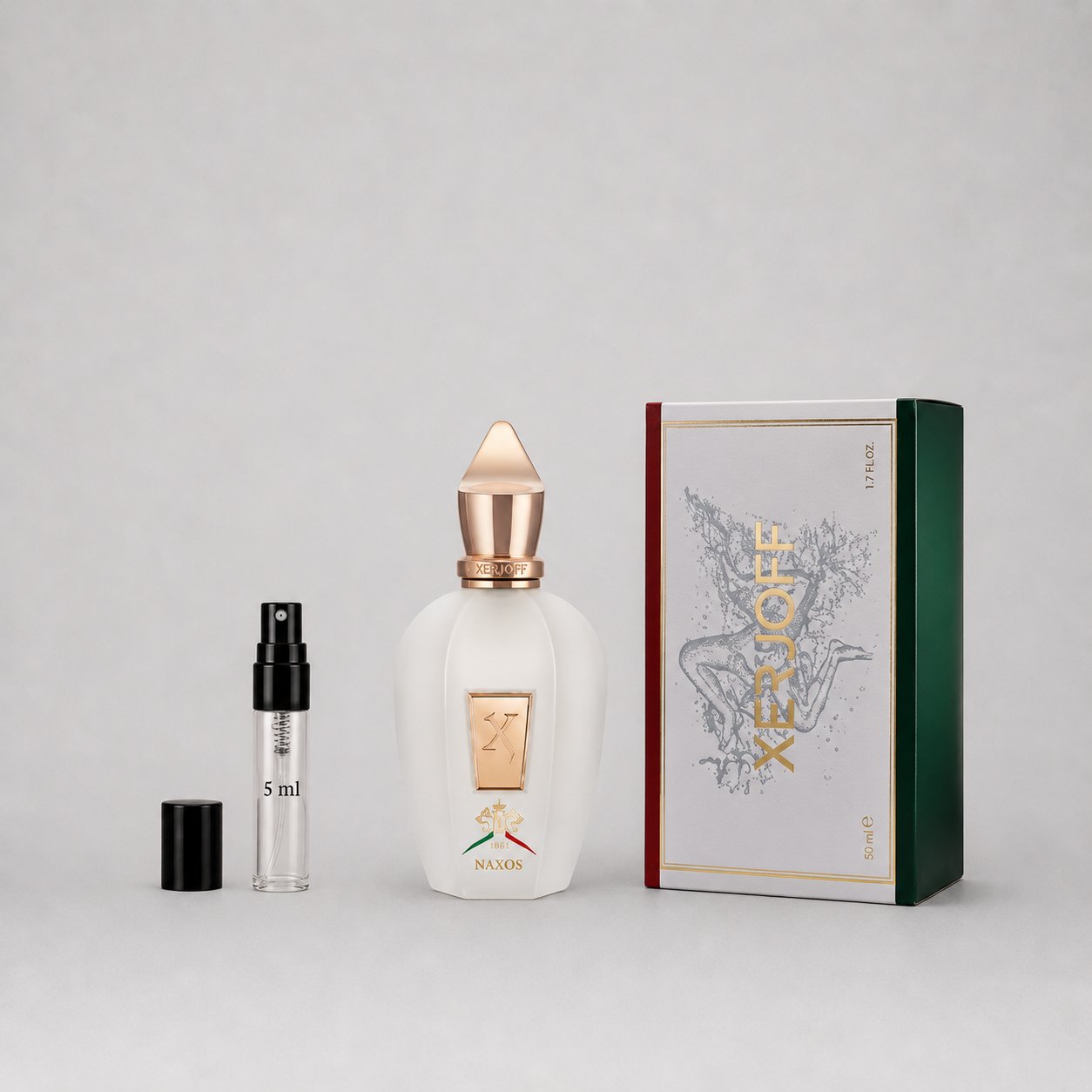 Xerjoff Naxos Sample Spray featuring a white bottle with a gold cap and a green and red box, alongside a 5 ml spray vial.