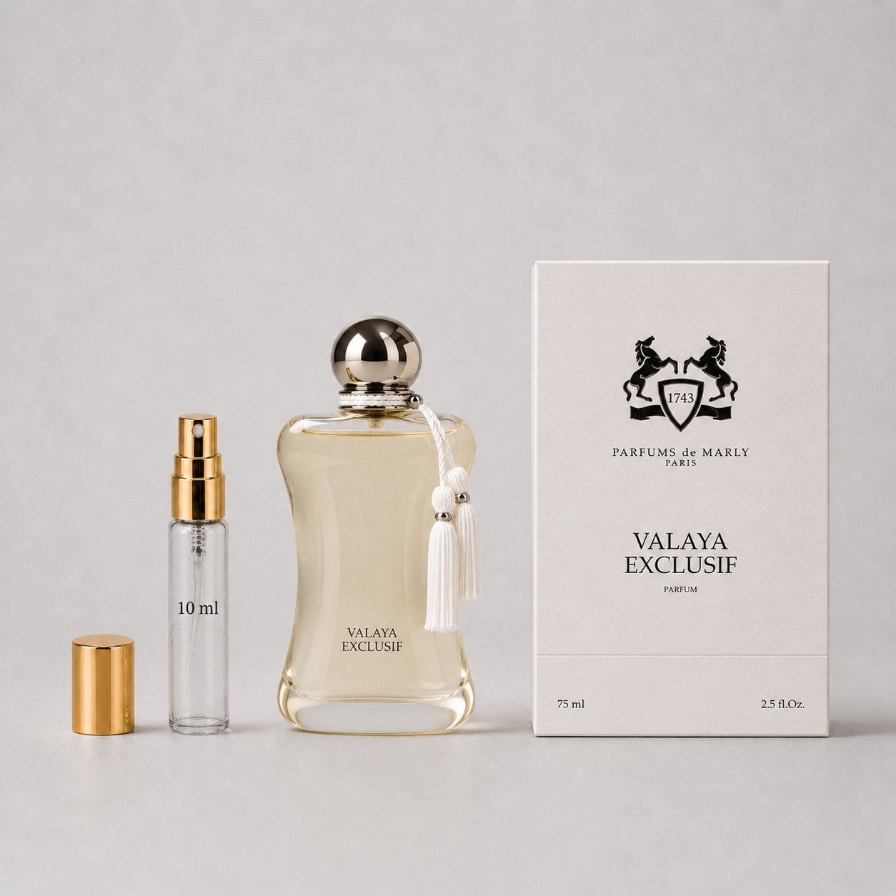 Parfums de Marly Valaya Sample Spray, 10 ml spray next to a 75 ml bottle and elegant box, showcasing luxury fragrance.
