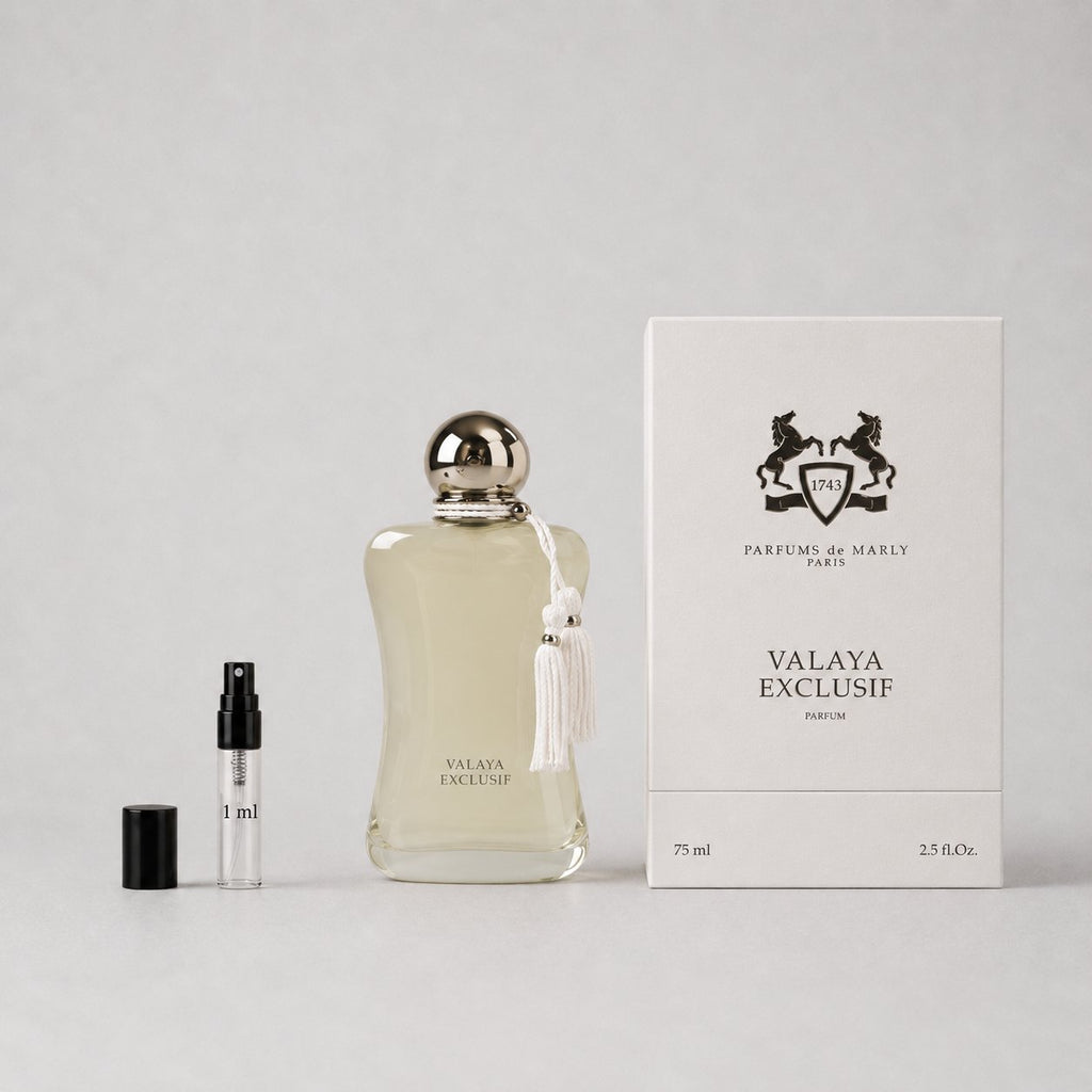 Parfums de Marly Valaya Sample Spray with a 75ml bottle and a 1ml travel spray, presented in a stylish box.
