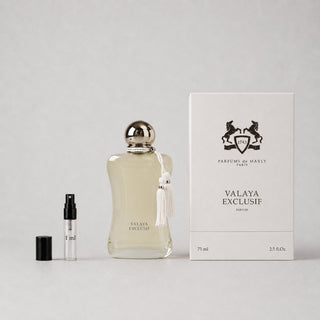 Parfums de Marly Valaya Sample Spray with a 75ml bottle and a 1ml travel spray, presented in a stylish box.