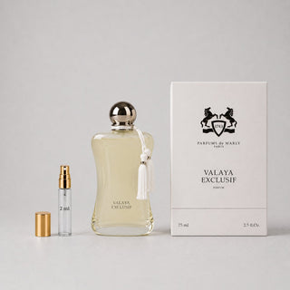 Parfums de Marly Valaya Sample Spray with a 75ml bottle and a 2ml travel spray in elegant packaging.