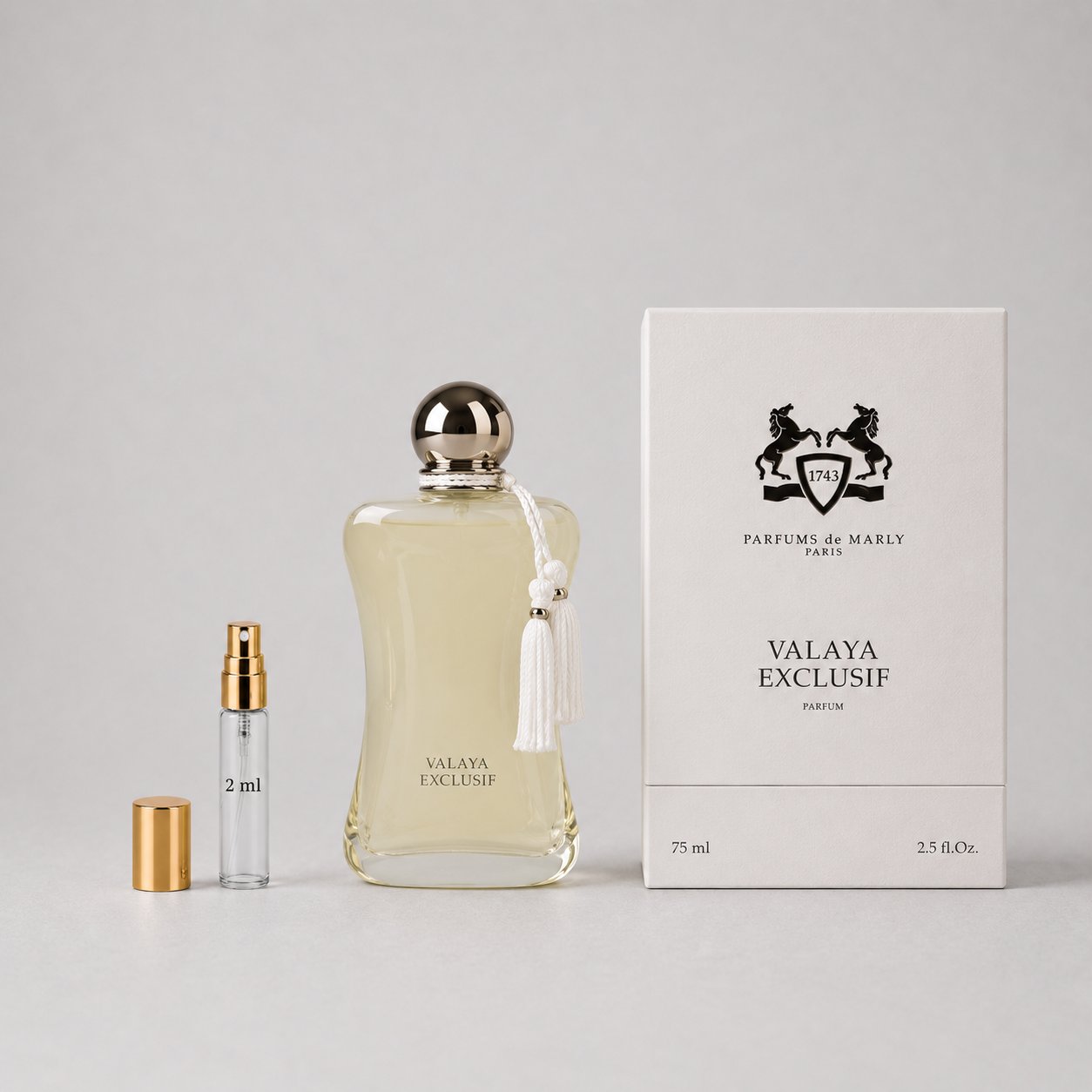 Parfums de Marly Valaya Sample Spray with a 75ml bottle and a 2ml travel spray in elegant packaging.