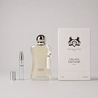 Parfums de Marly Valaya Sample Spray with a 75ml bottle and a 3ml travel spray, presented in an elegant box.