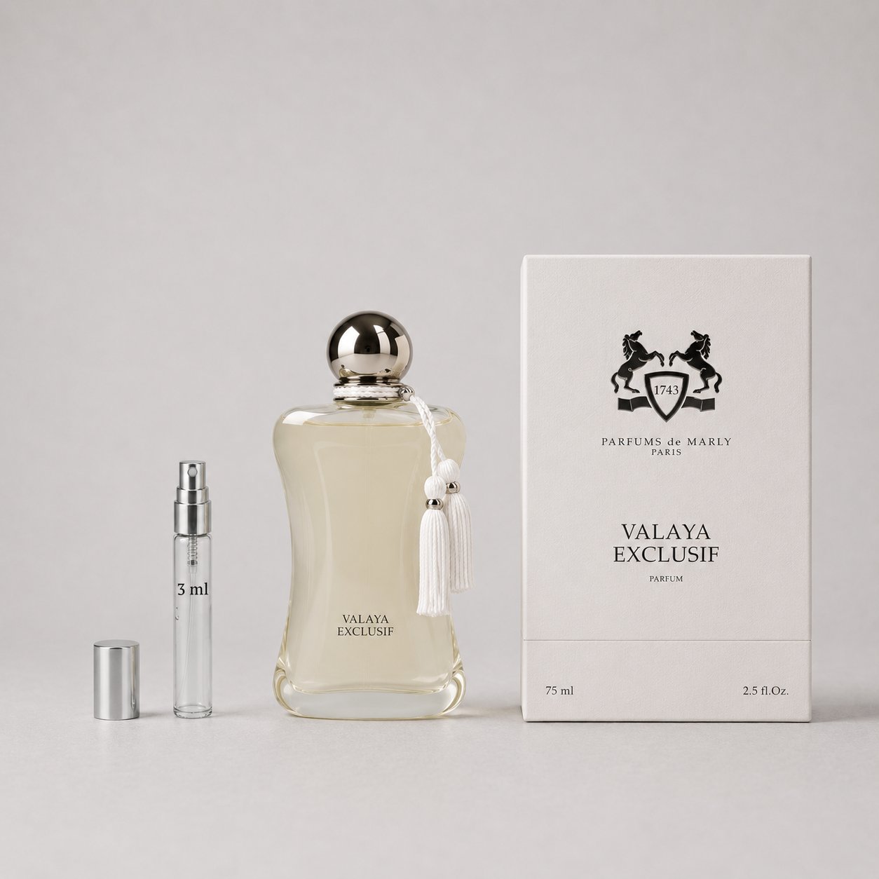Parfums de Marly Valaya Sample Spray with a 75ml bottle and a 3ml travel spray, presented in an elegant box.