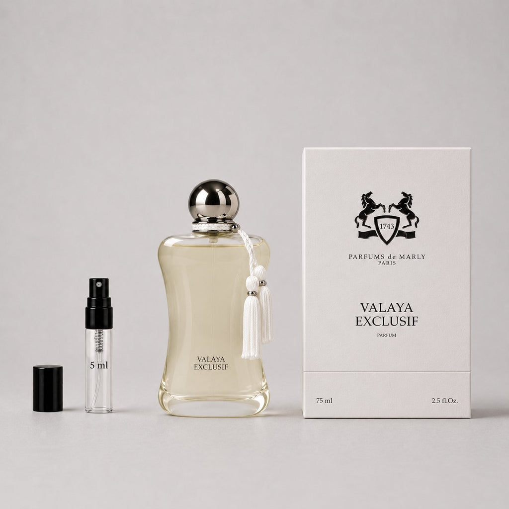 Valaya Sample Spray by Parfums de Marly, featuring a 75ml bottle, 5ml spray, and elegant packaging.
