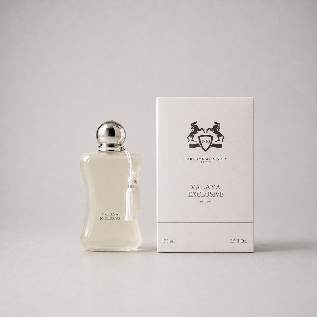 Parfums de Marly Valaya Sample Spray in a clear bottle with a silver cap, accompanied by a white box featuring elegant brandi