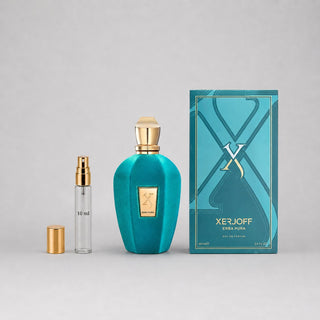 Xerjoff Erba Pura Sample Spray featuring a turquoise bottle, gold accents, and a matching box. 10 ml spray included.