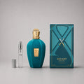 Xerjoff Erba Pura Sample Spray with a teal velvet bottle, gold cap, and matching box, featuring a 3 ml spray vial.