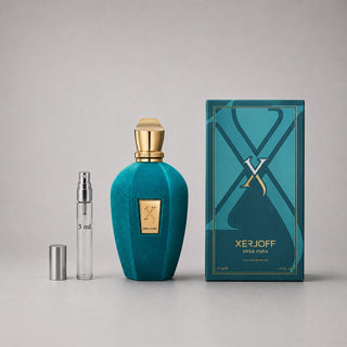Xerjoff Erba Pura Sample Spray with a teal velvet bottle, gold cap, and matching box, featuring a 3 ml spray vial.
