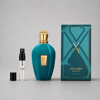 Xerjoff Erba Pura Sample Spray with a teal velvet bottle and matching box, featuring a 5ml spray vial.