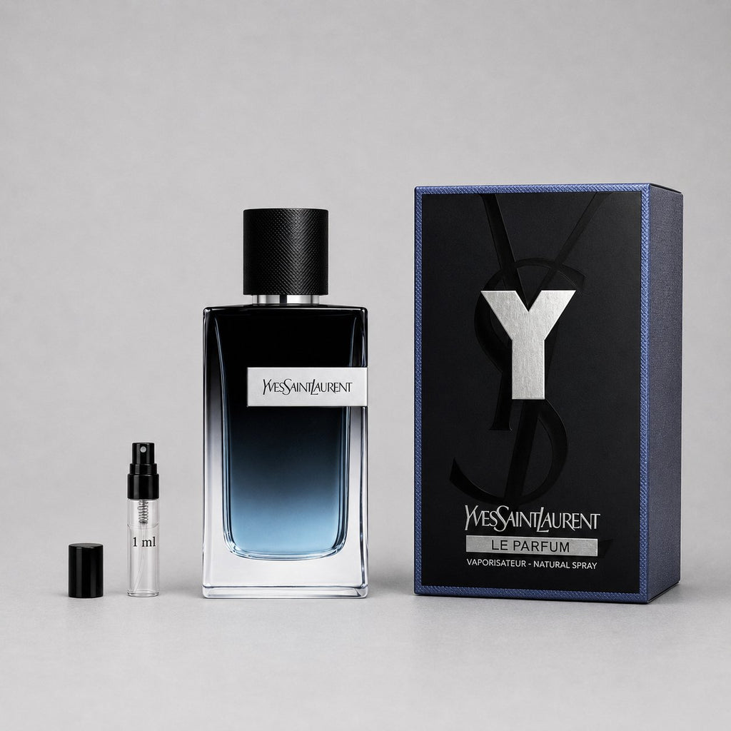 Yves Saint Laurent Y Le Parfum sample spray with a 100ml bottle and a 1ml travel spray in a stylish box.