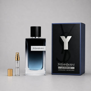 Yves Saint Laurent Y Le Parfum sample spray with a 2 ml spray bottle and a stylish black and blue box.