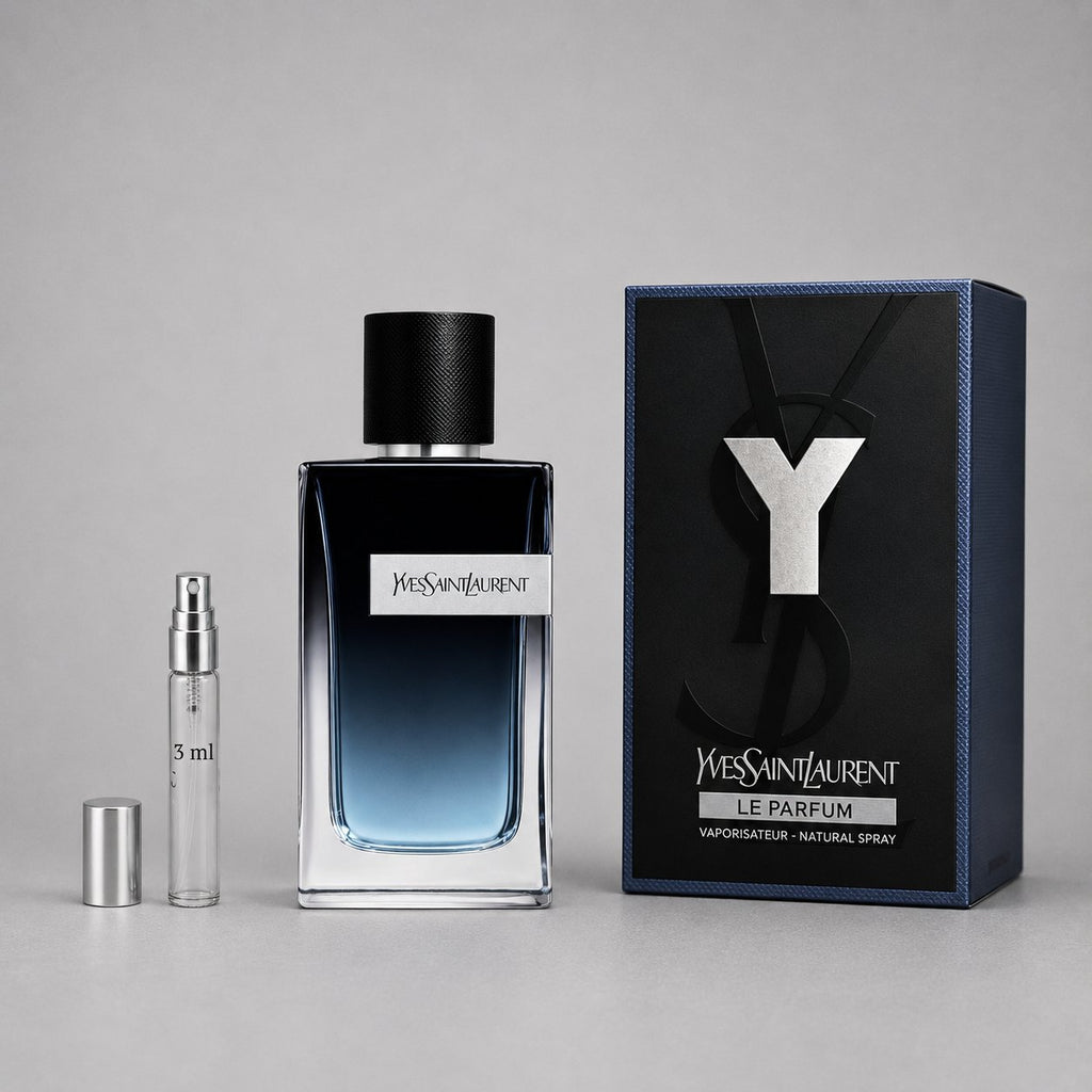 Yves Saint Laurent Y Le Parfum sample spray with a 3ml vial and a stylish box featuring the YSL logo.
