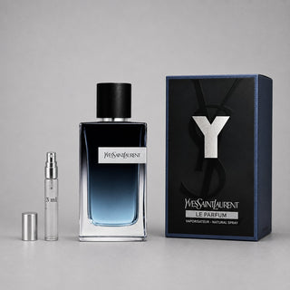 Yves Saint Laurent Y Le Parfum sample spray with a 3ml vial and a stylish box featuring the YSL logo.