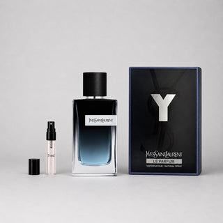 Yves Saint Laurent Y Le Parfum Sample Spray includes a 5ml spray bottle and a larger bottle in a sleek, dark blue design with
